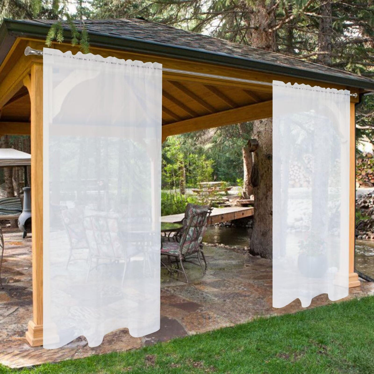 Waterproof Outdoor Sheer Curtains - 4 Panels Rod Pocket Indoor Voile Sheer Curtain, 52W x 108L inch, White