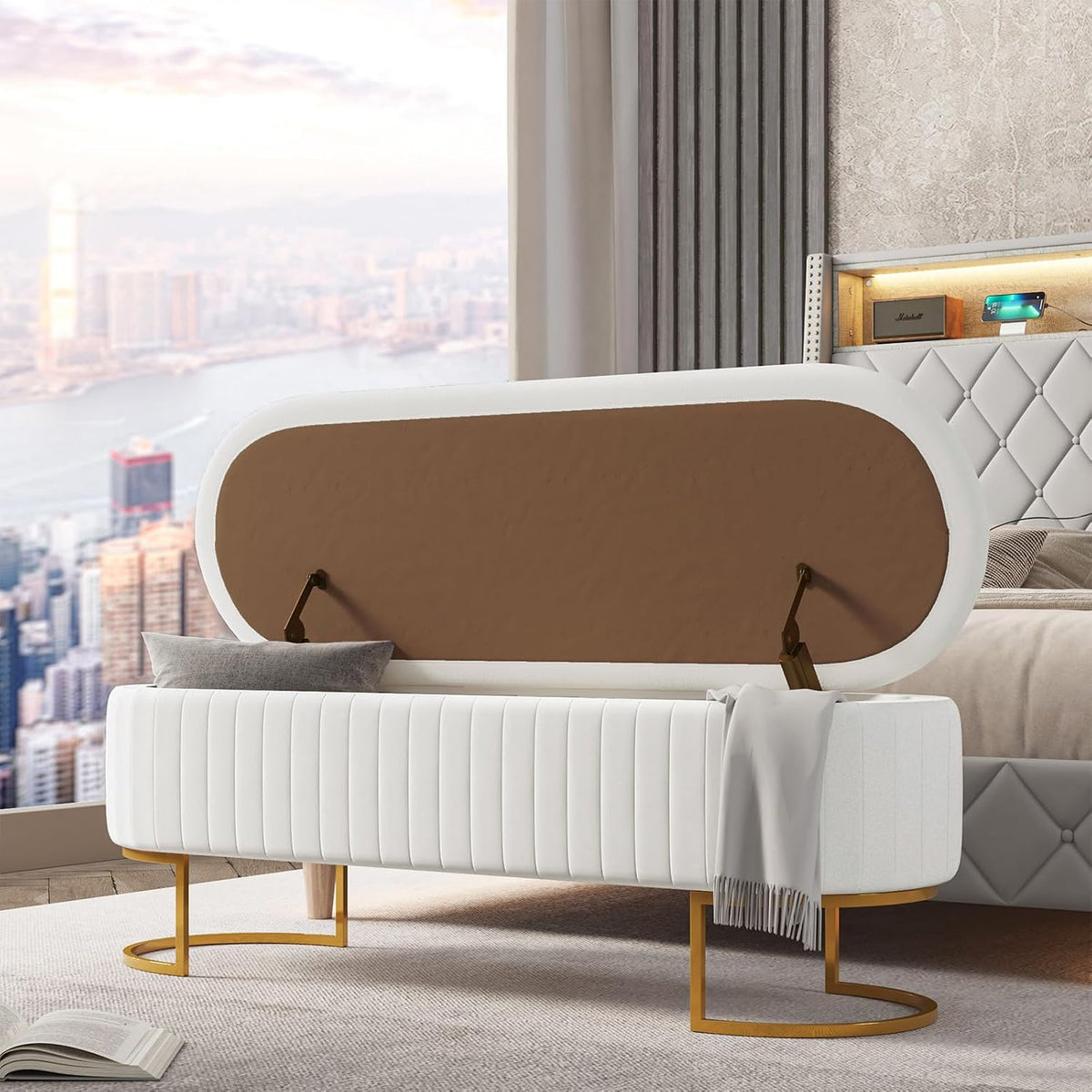 50.5" Velvet Bedroom Storage Bench Ottoman, Upholstered End of Bed Bench with Gold Legs, Flipping Lid Entryway