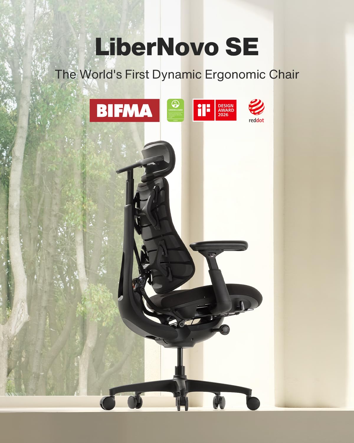 Dynamic Ergonomic Office Chair with Headrest — Obsidian Black, 48cm Seat, Spine-Follow Backrest