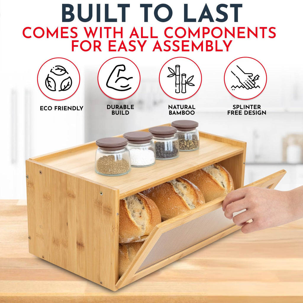 Bread Box - Large Bamboo Countertop Acrylic Window, Extra Storage