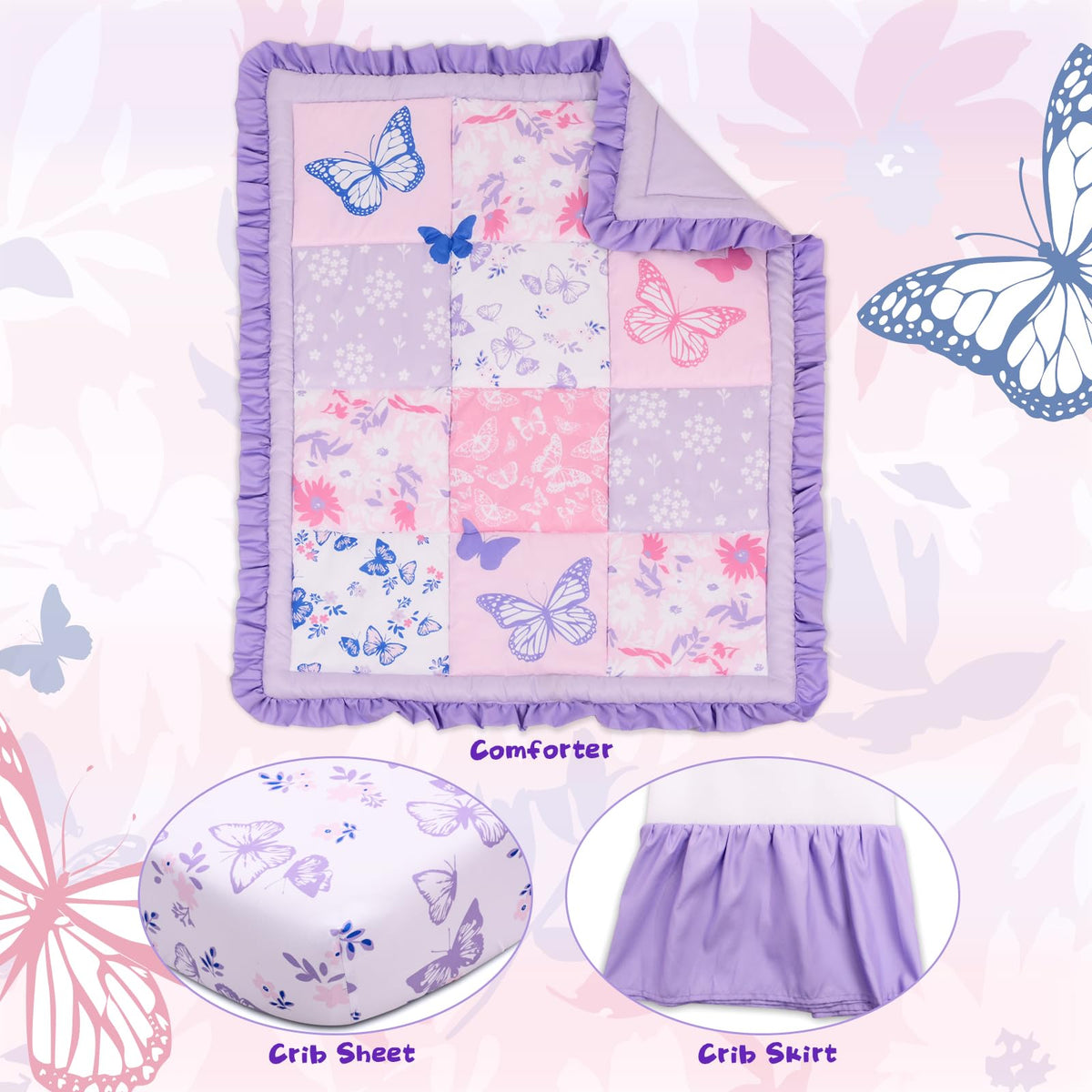 3 Pieces Crib Bedding Set for Girls,Purple Butterfly Baby Crib Set