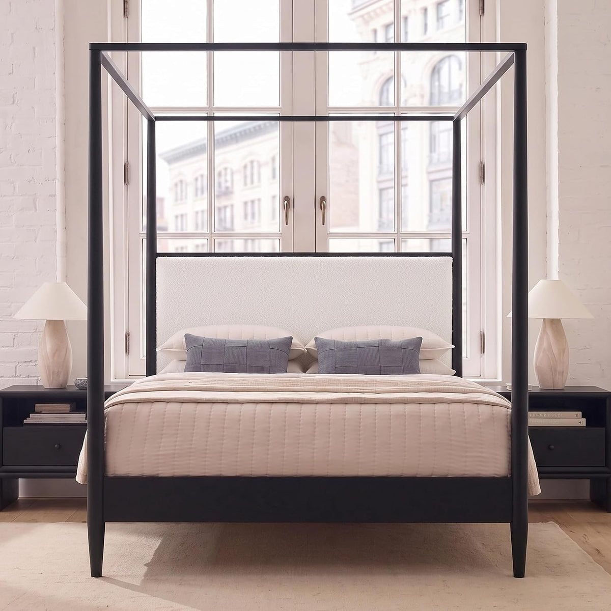 Solid Wood Canopy Bed Frame with Upholstered Headboard