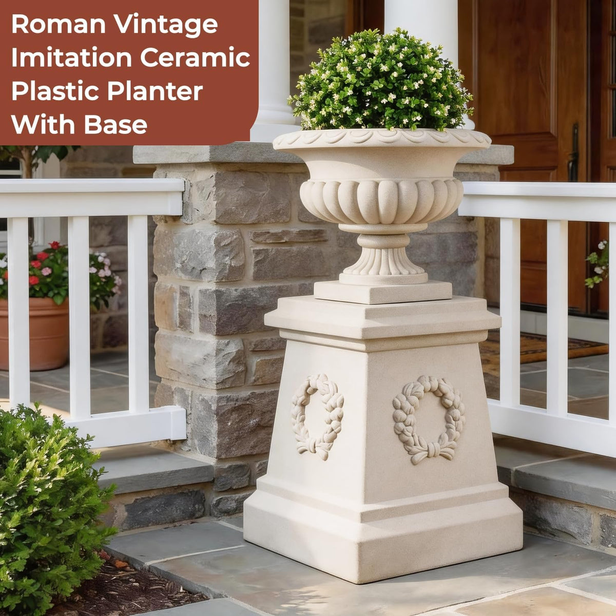 20" H Large Plastic Roman Urn Planter with 28" Tall Decorative Pedestal | Faux Sandstone/Marble Finish