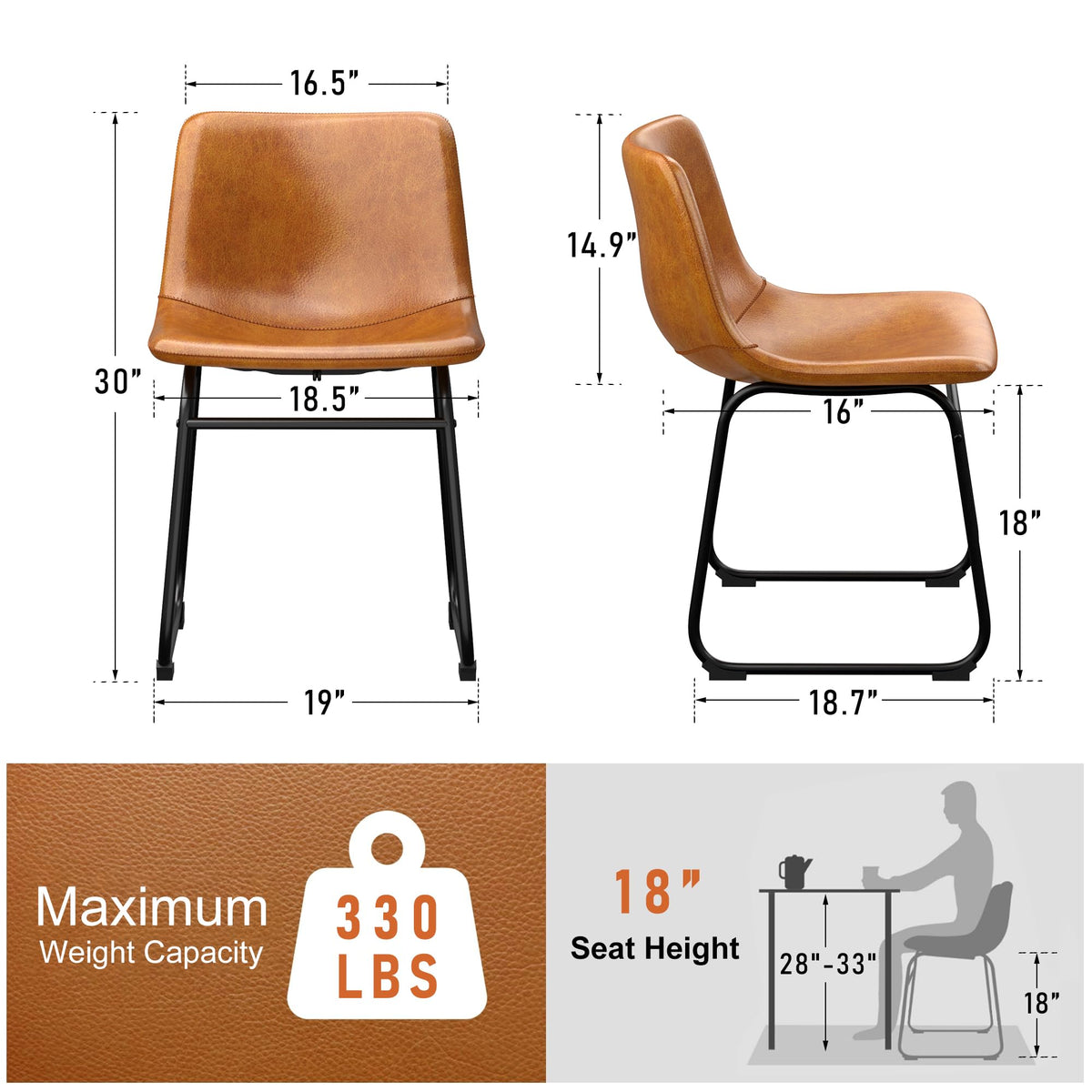 Dining Chairs Set of 2, 18" PU Leather Dinner Chairs, Brown