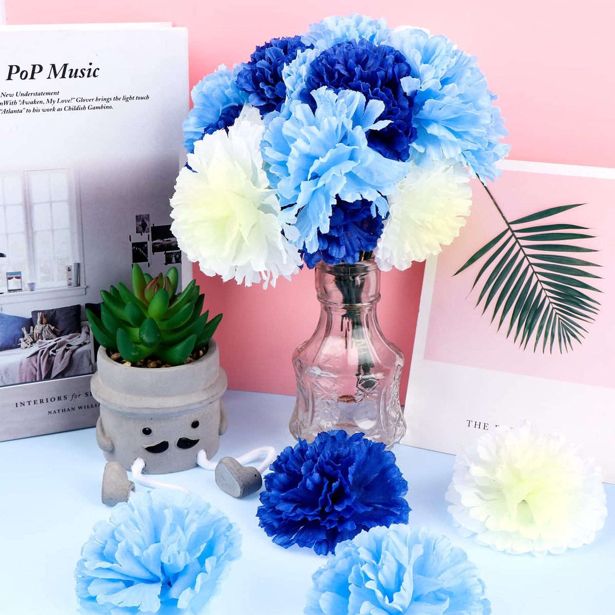 120 Pack Artificial Carnations with Stems Leaves Eternal Blossom Silk Carnation Flower Artificial Pom Pom Mini