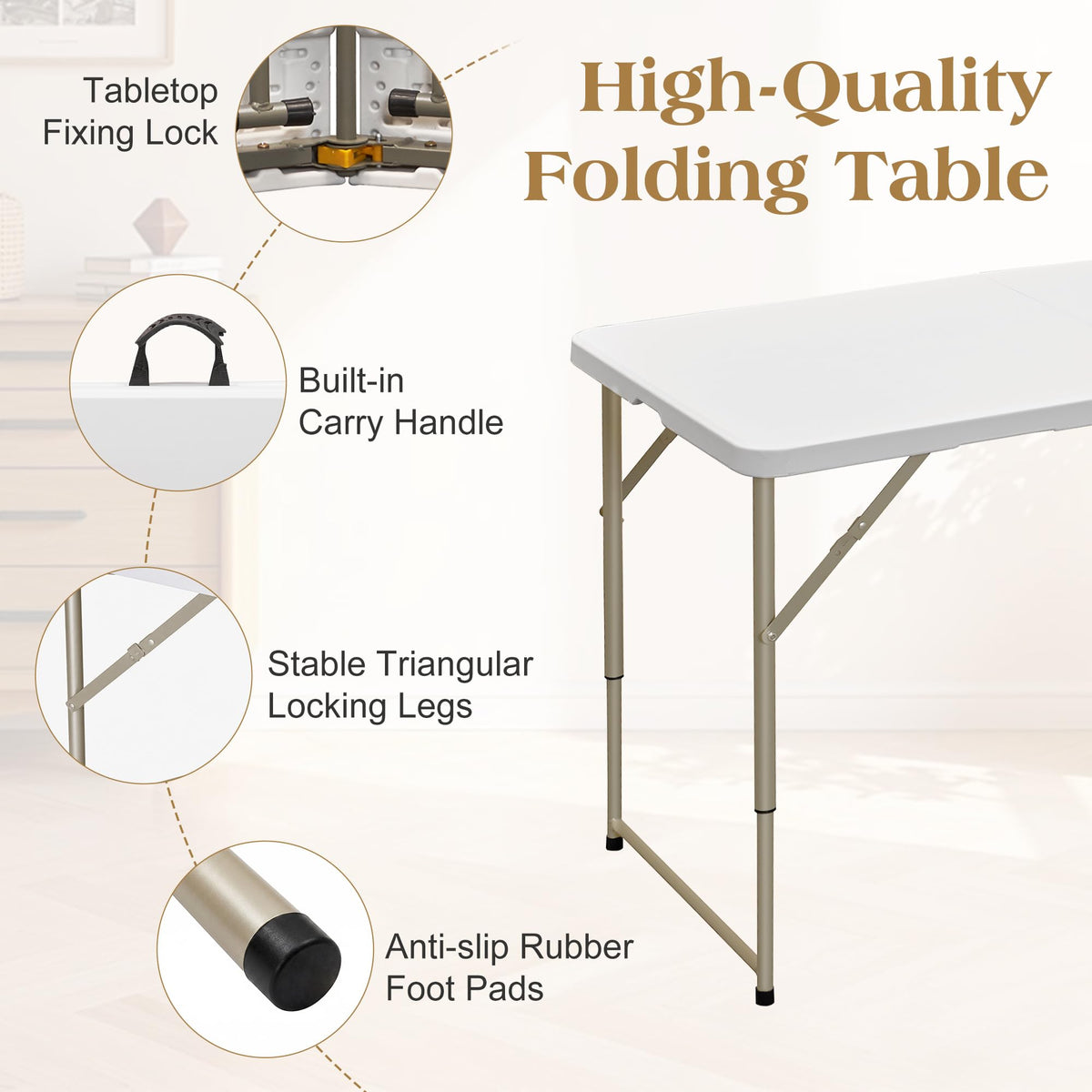 Folding Table 4 Ft, 3 Adjustable Height, Portable w/Handle, White