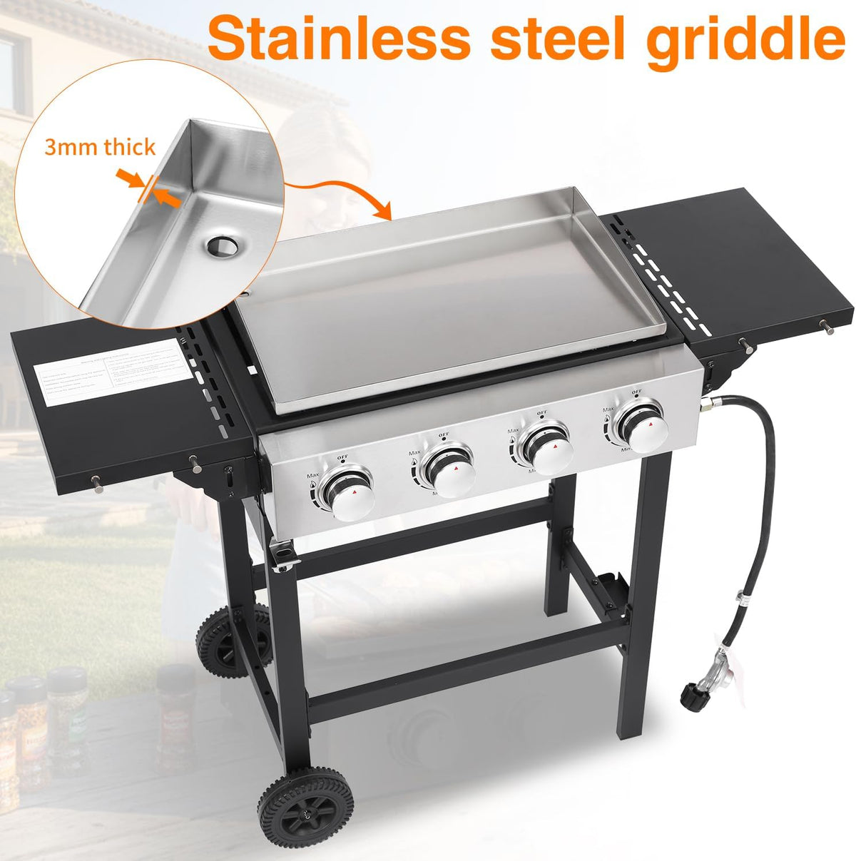 4-Burner Portable Propane Gas Griddle, Stainless Steel Flat Top Grill with Regulator and Dust Cover for Camping and Tailgating