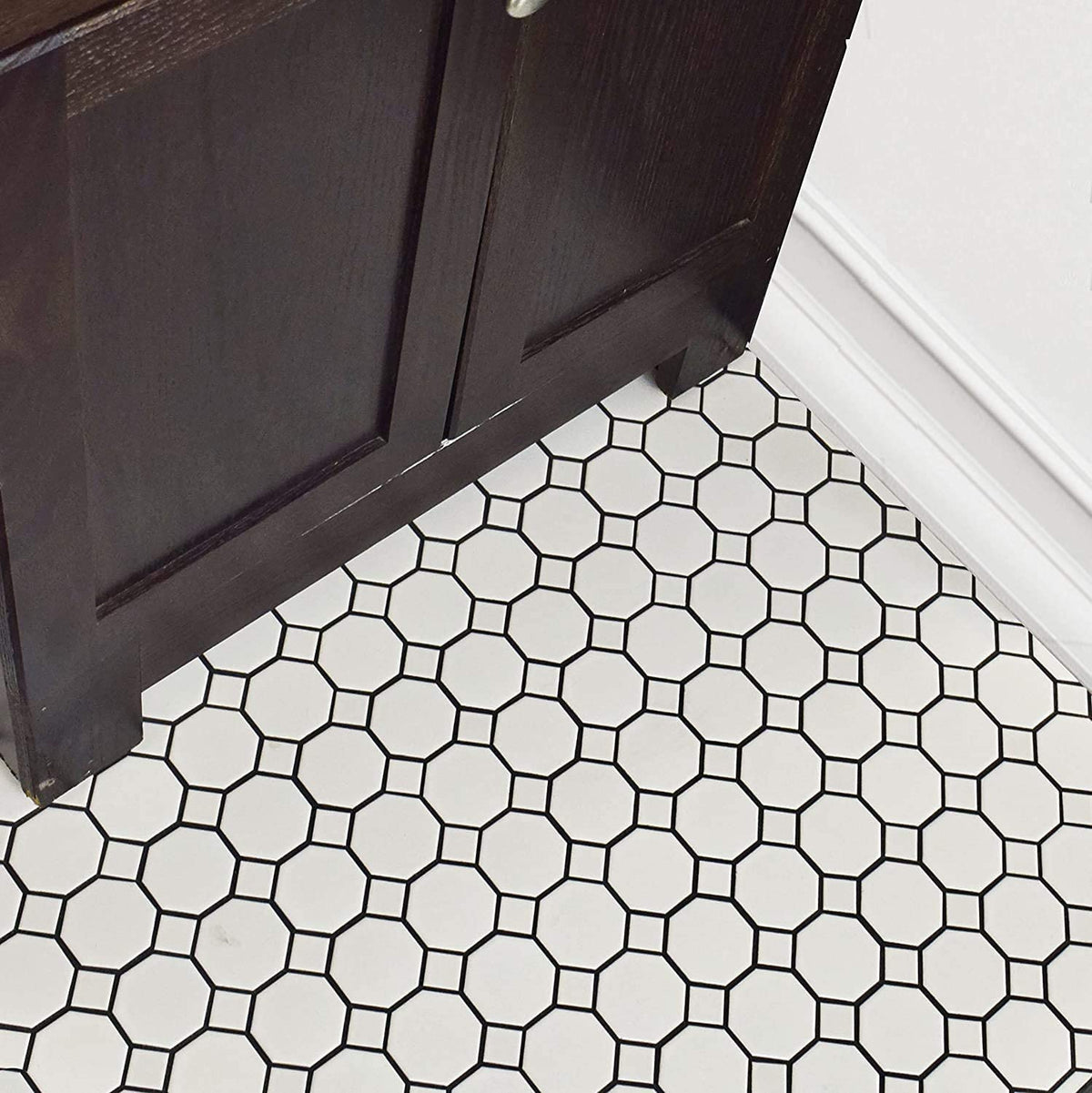 12x12 Matte White Octagon Porcelain Mosaic Tile with Matte White Dots Floor, Kitchen Backsplash, Shower Wall