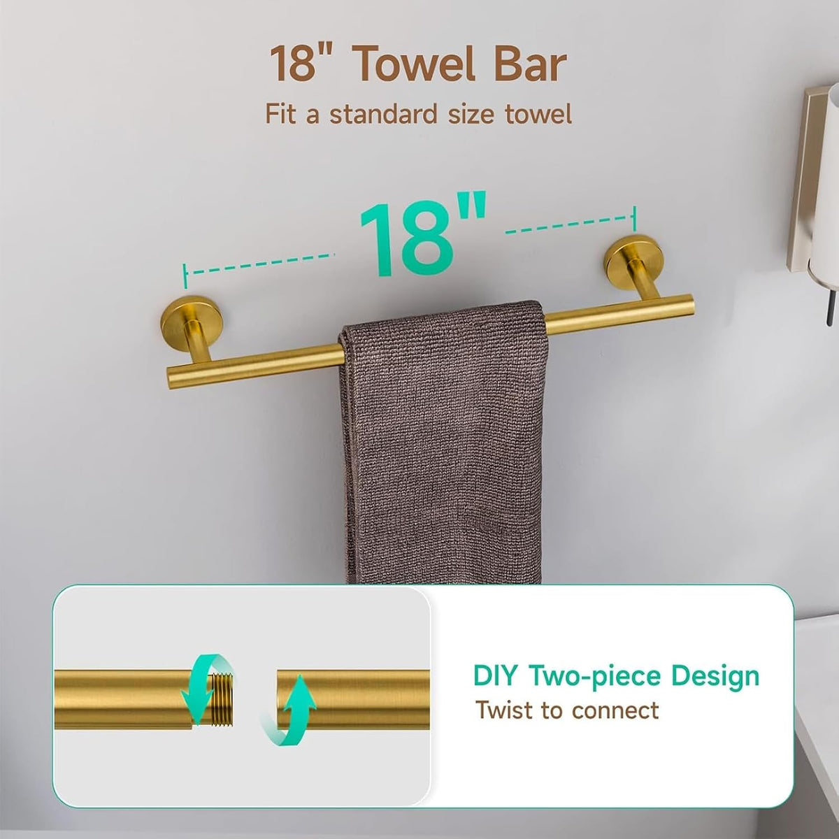 4PCS Brass Gold Bathroom Accessories Set, 18-Inch Towel Bar Set | Durable SUS304 Stainless Steel Bathroom Hardware