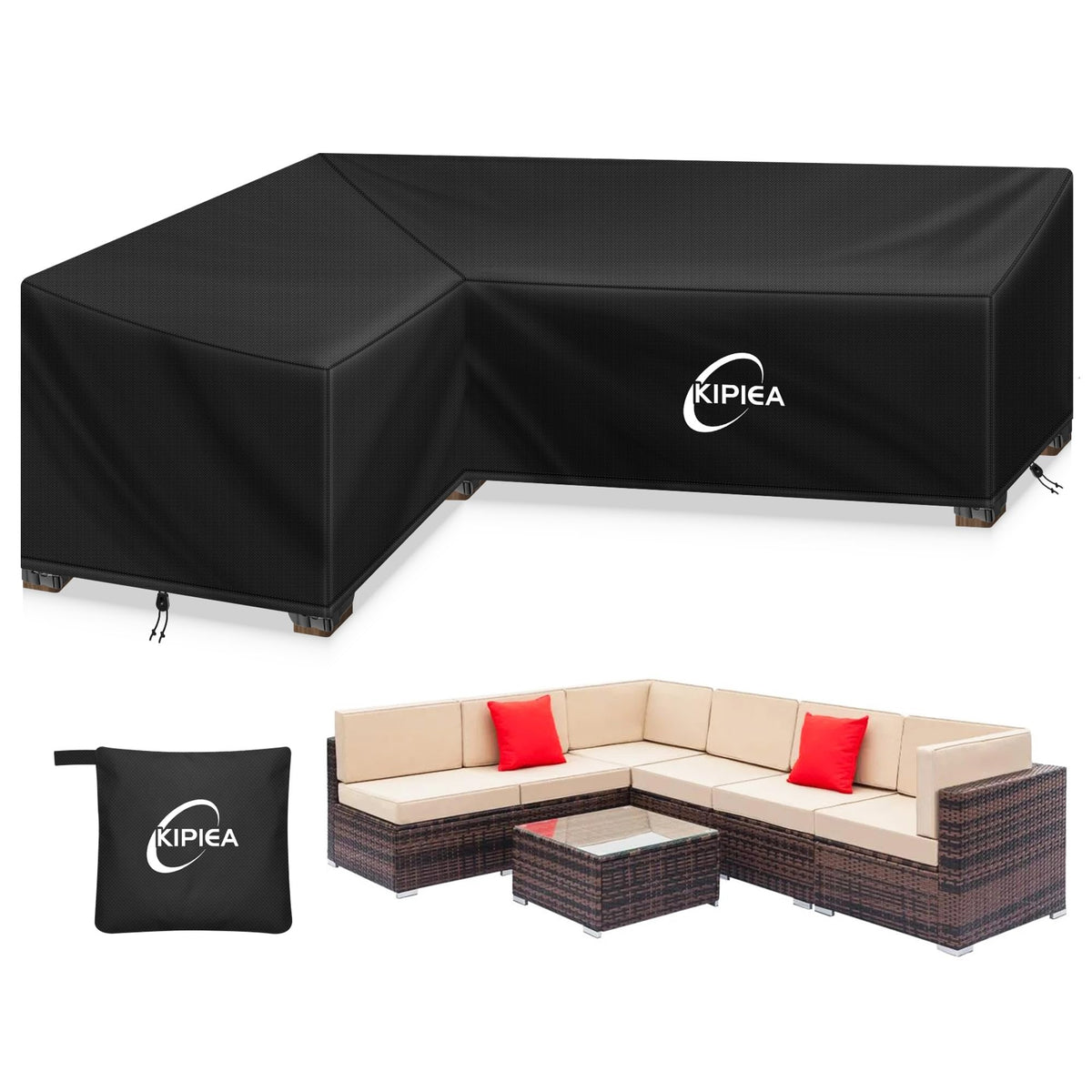 Patio L-Shaped Furniture Sectional Sofa Covers, 420D Heavy-Duty Oxford Fabric Outdoor Sectional Cover with Windproof