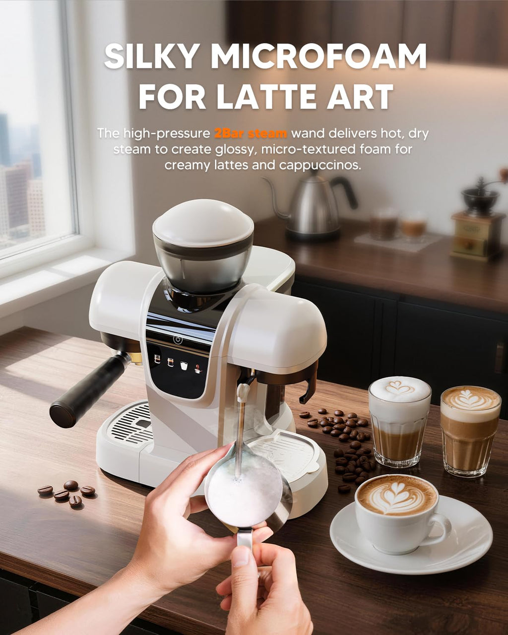 Semi-Automatic Espresso Machine with Grinder & Steam Wand,White