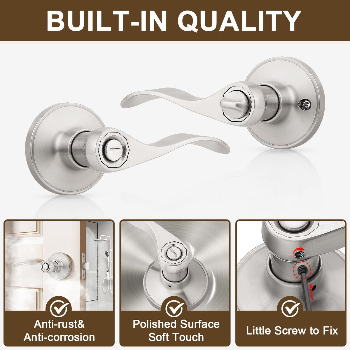 6 Pack Privacy Door Handle Brushed Nickel, Keyless Bedroom Interior Door Handles with Lock Modern Door Handles Wave
