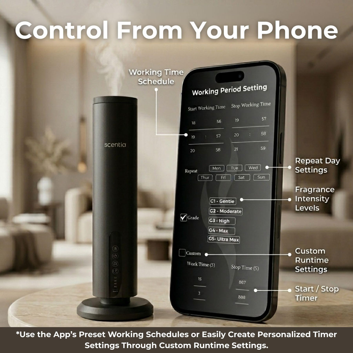 Wireless Waterless Scent Diffuser, App Control, 1500 Sq. Ft Black