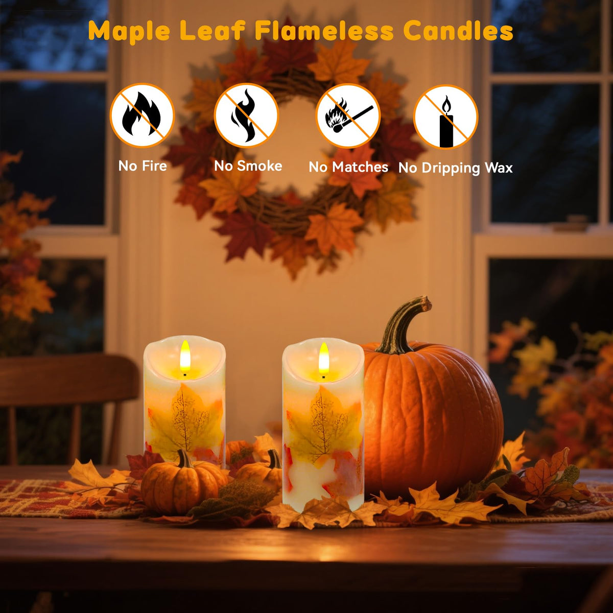 Maple Leaves Flameless Candles Set of 2, Fall Candles with Remote & Timer