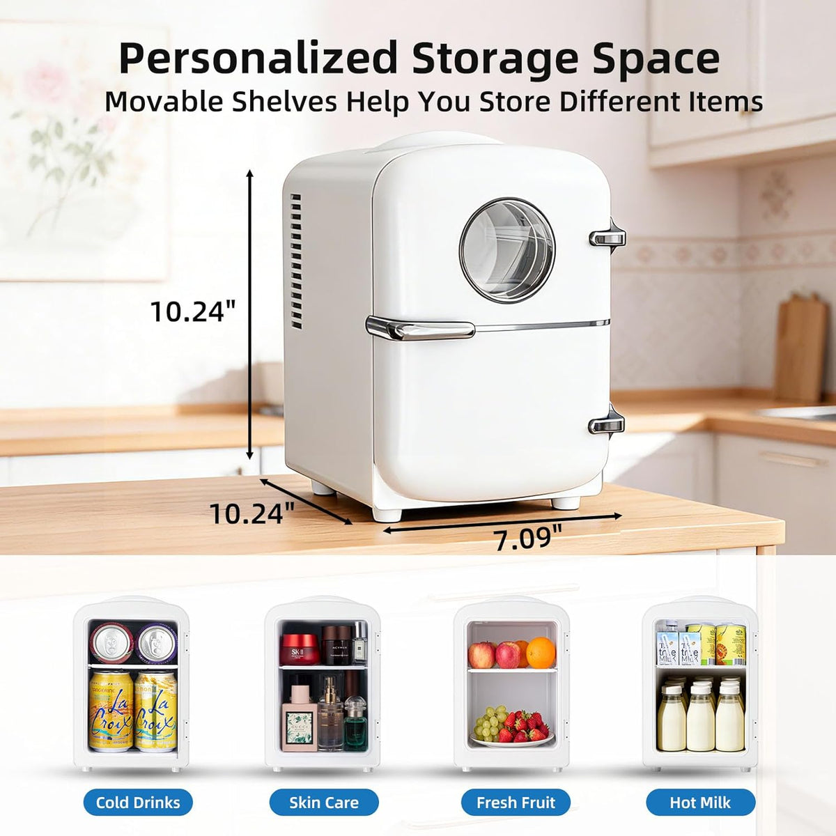 Compact Mini Fridge, 4L Capacity/6 Cans Portable Cooler and Warmer Compact Refrigerator, for Bedroom,Car,Office and Dorm, Small Cooler and Warmer for Cosmetics, Beverage and Food, White