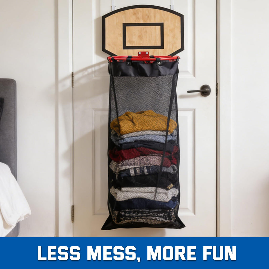 Basketball Laundry Hamper, Over The Door Hoop with Laundry Basket, Sports-Themed Hamper Organizer Set with Backboard
