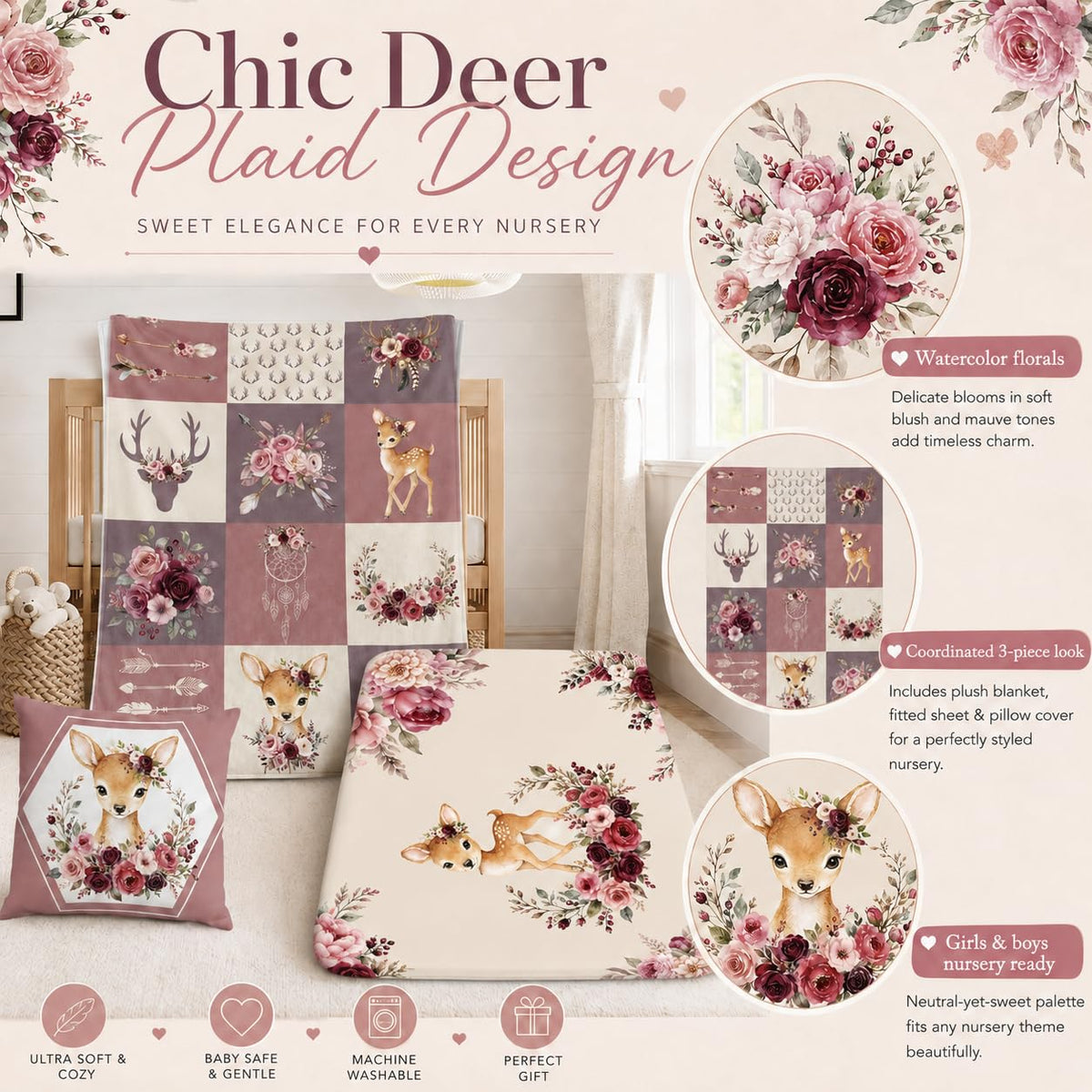 Baby Crib Bedding Set 3 Pcs - Patchwork Deer Crib Bedding Set for Girls - Floral Plaid Nursery Bed Sets Include Soft