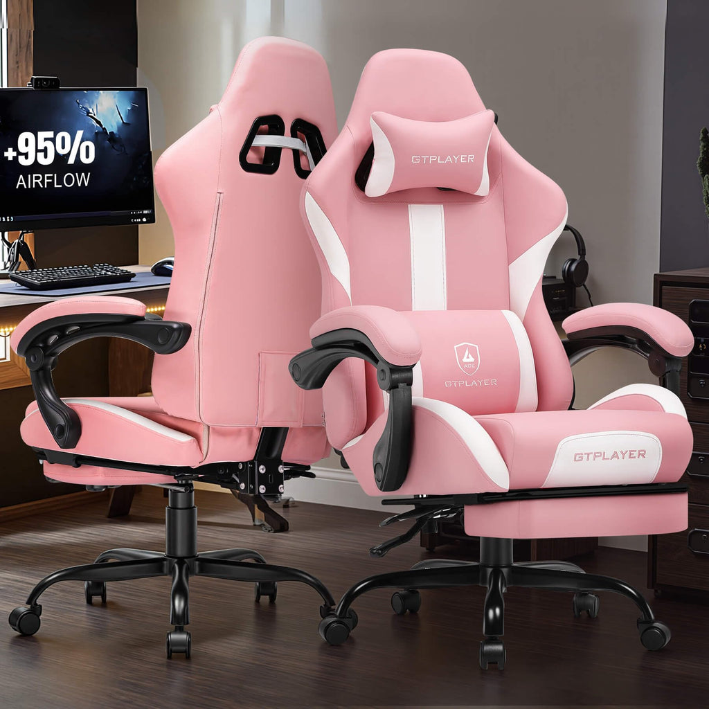 Gaming Chair with Pocket Spring Cushion, Leather Office Chair with Ergonomic High Back & Lumbar Support for Back Pain