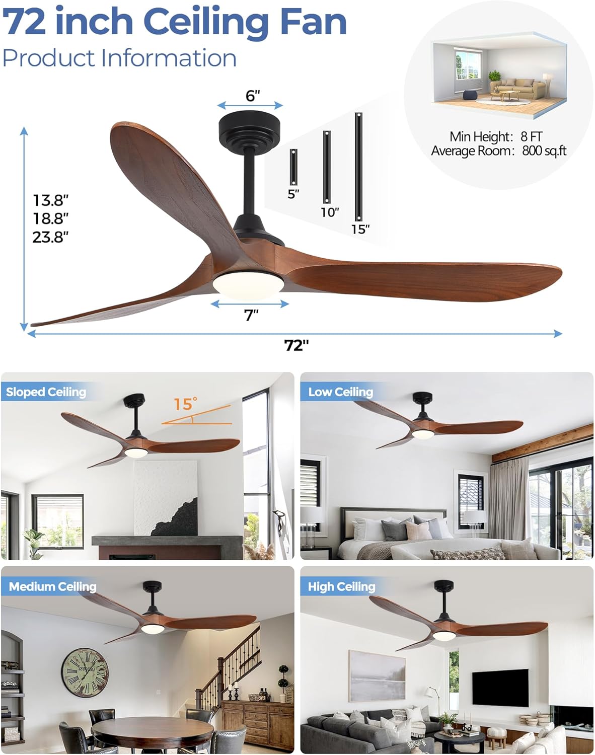 72 inch Outdoor Ceiling Fans with Lights,Smart Wood Large Ceiling Fan for Alexa,Google & APP Control,Indoor/Outdoor