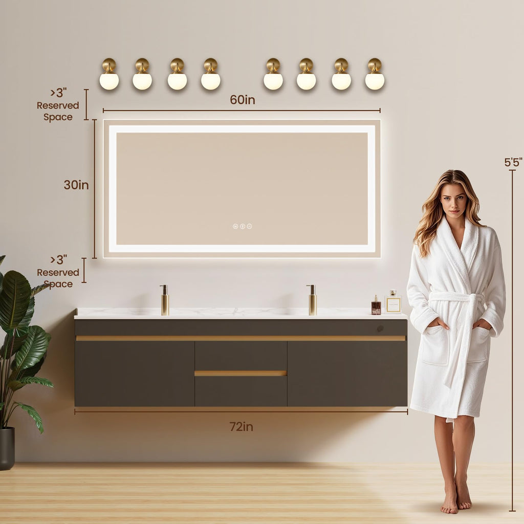 60"x30" LED Bathroom Mirror with Anti-Fog, Backlit & Front Lights, Memory