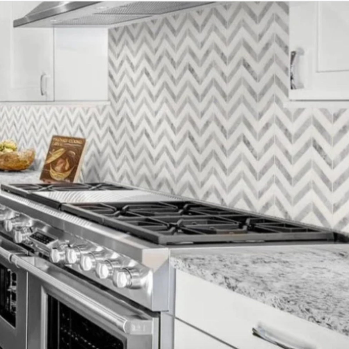 White and Grey Marble Chevron Mosaic Tile - 11x12 Inch Mesh-Mounted Sheet - Natural Marble Geometric Mosaic