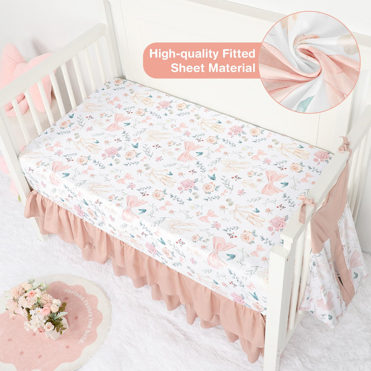 Crib Bedding Set for Girls 4-Piece, Bow Baby Girl Crib Bedding Set Pink Flowes, Nursery Sets Includes Comforter