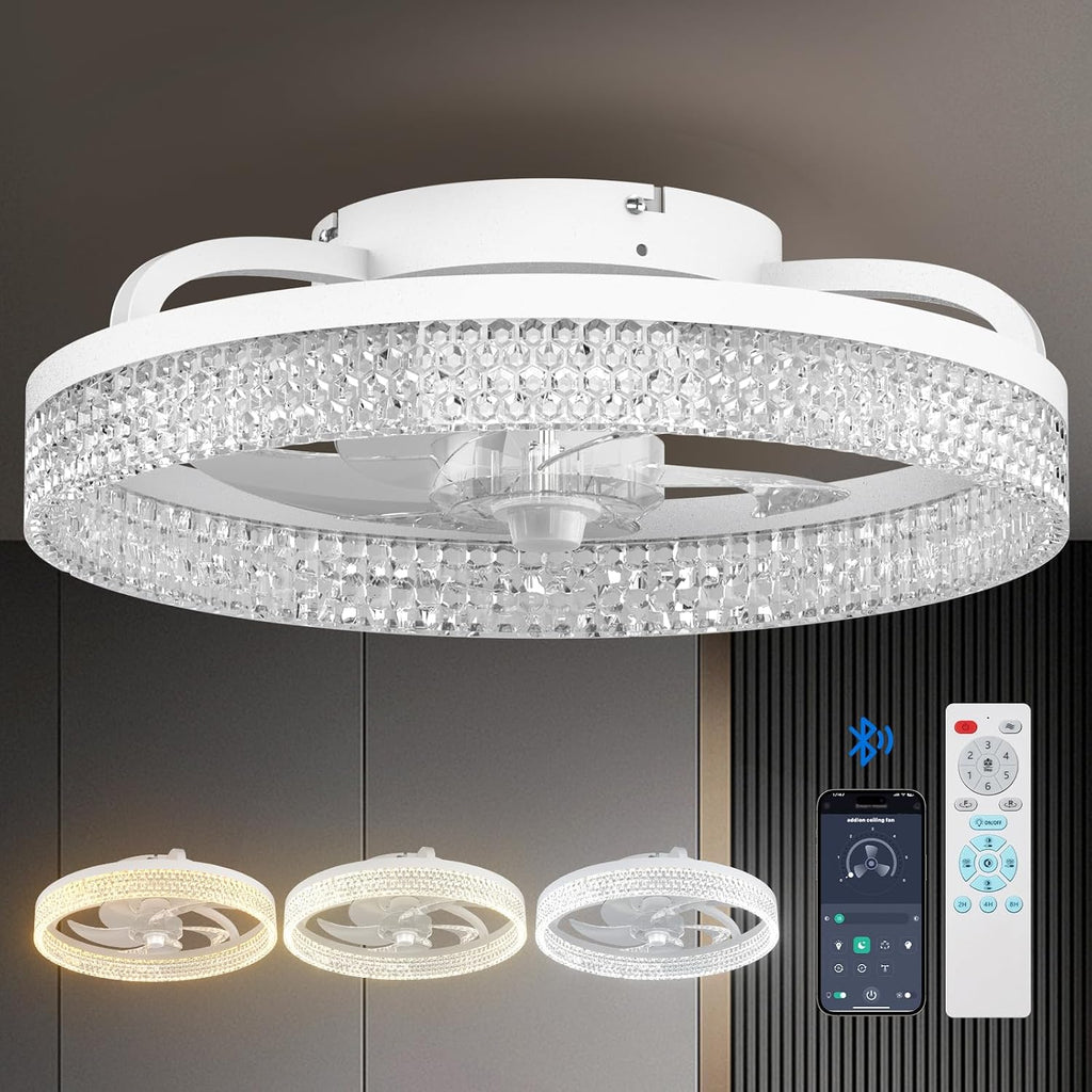 20" White Flush Mount Ceiling Fan with Light & Remote
