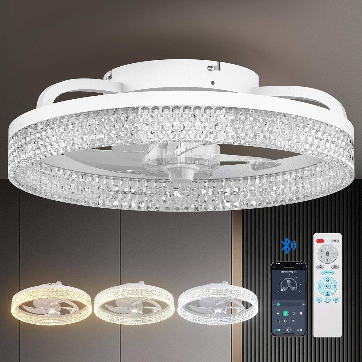 20" White Flush Mount Ceiling Fan with Light & Remote