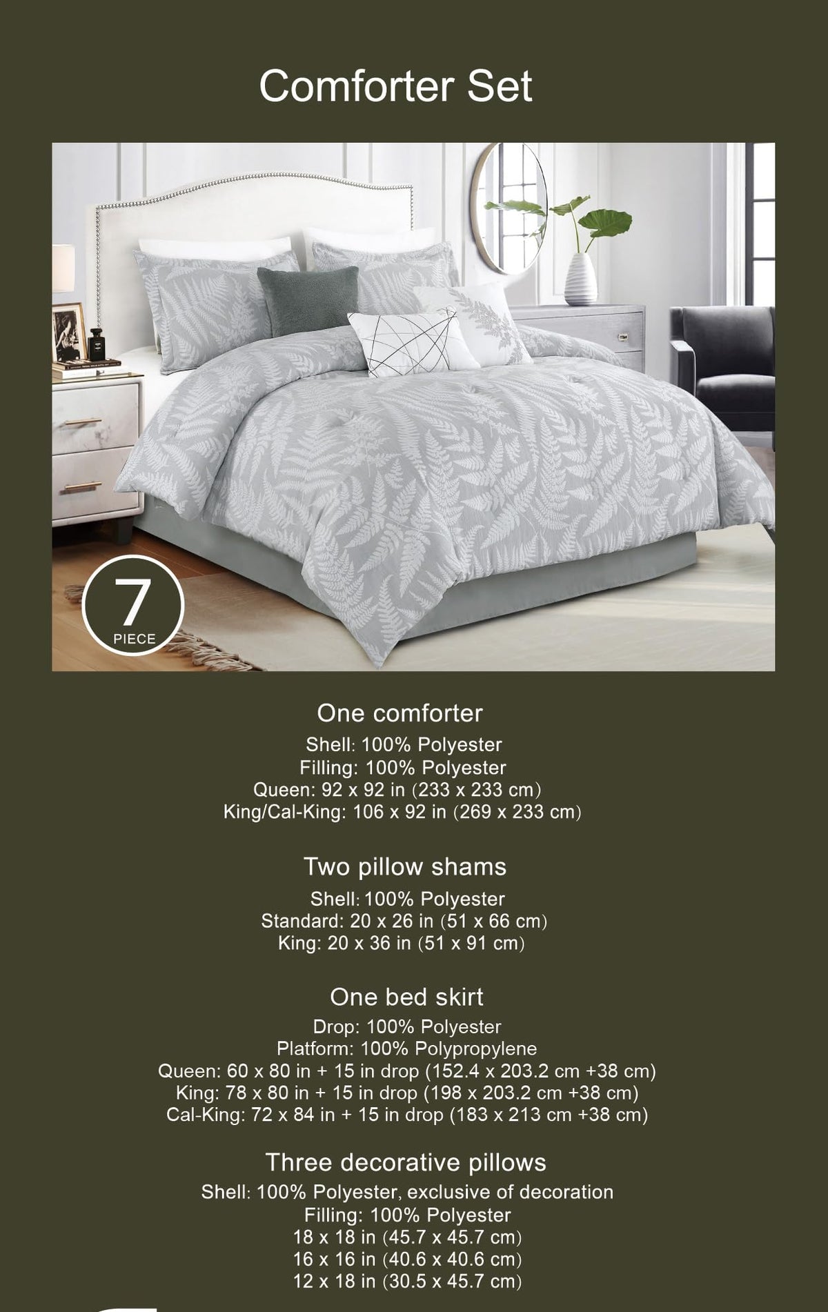 Premium 7-Piece Botanical Jacquard Comforter Set - Ultra Soft Textured Microfiber Bedding Collection with Decorative