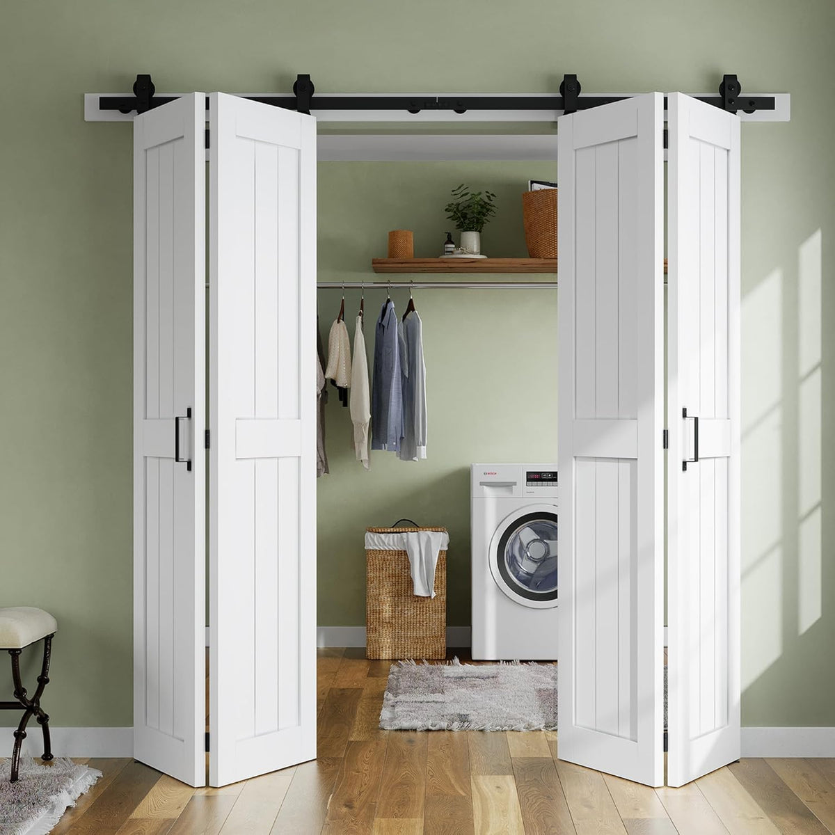Bifold Barn Door 64'' x 84'',Bi-Fold Sliding Closet Doors with Hardware Kit Included,72'' Track Kit for 4 Doors