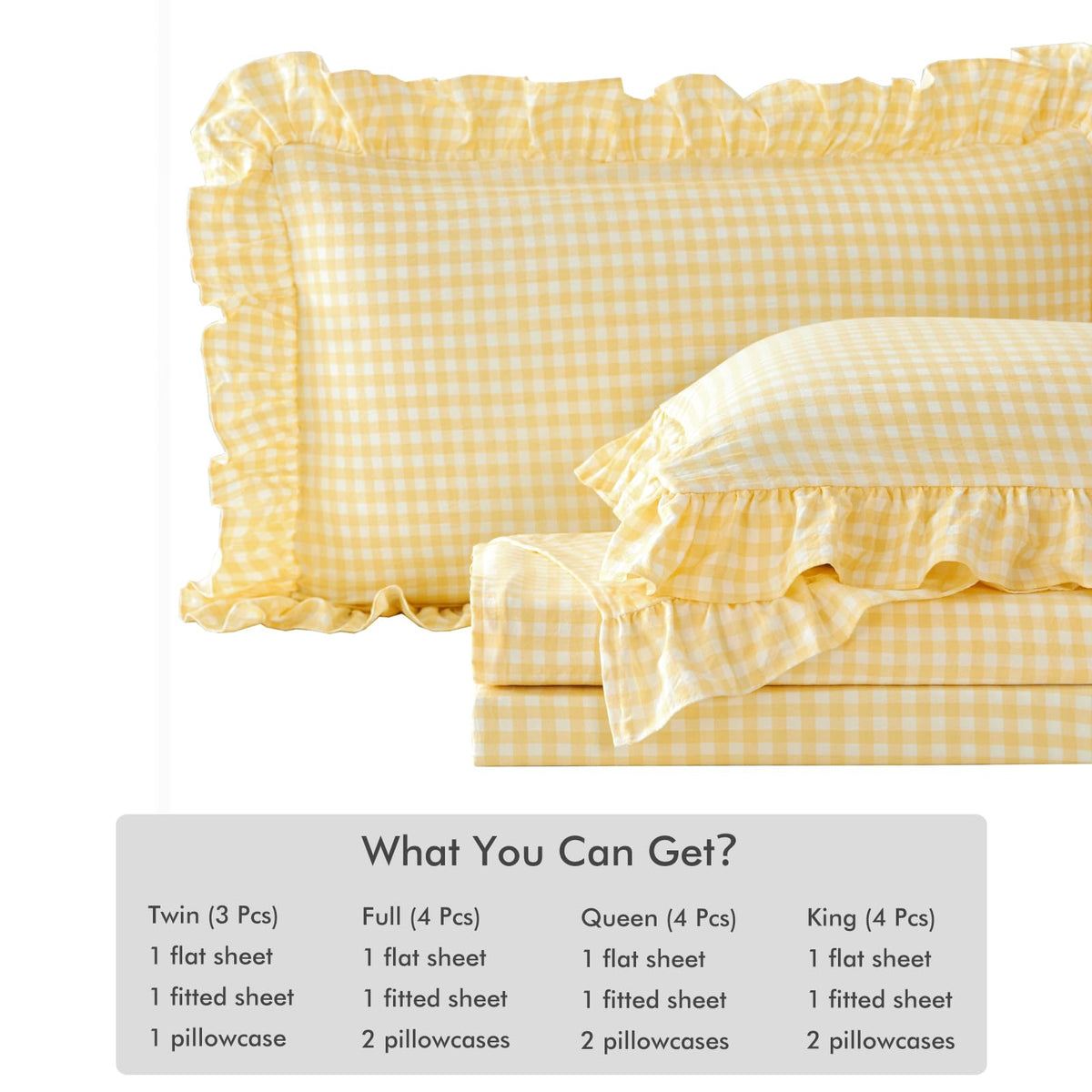 3Pcs Yellow Plaid Ruffled Bed Sheet Set with 1 Pillowcase