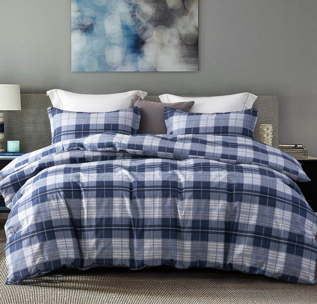 Comforter, 600 Thread Count Cotton Navy Blue & Grey Buffalo Pattern Blue Plaid Comforter Sets, Down
