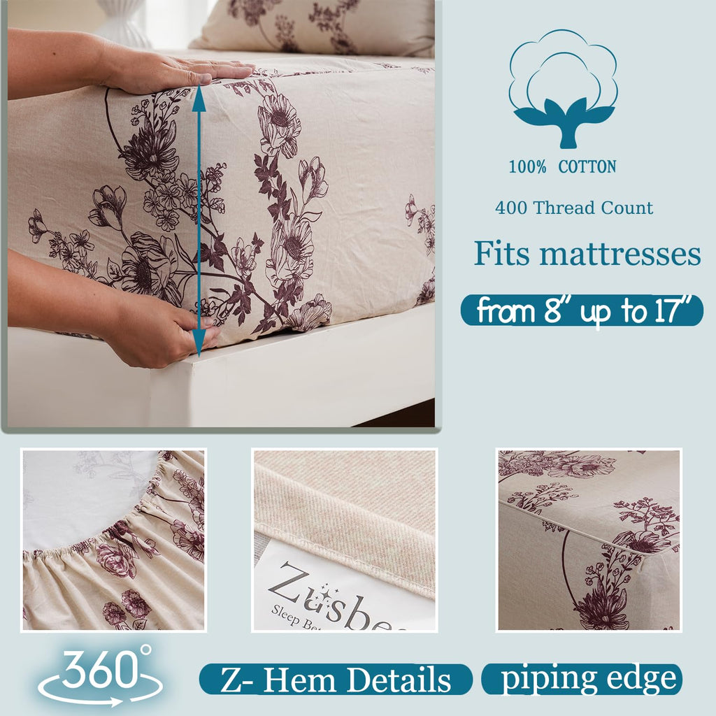 Sheets 100% Percale Cotton Red Floral Bed Sheet Set, Brushed Extra Softness, Breathable Luxury Toile