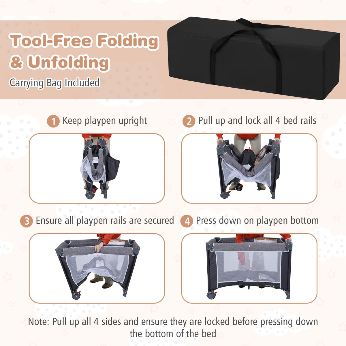 3 in 1 Play Yard, Travel Crib Bassinet Bed for Baby, Changing Table w/Safety Belt, Hanging Bar, Lockable