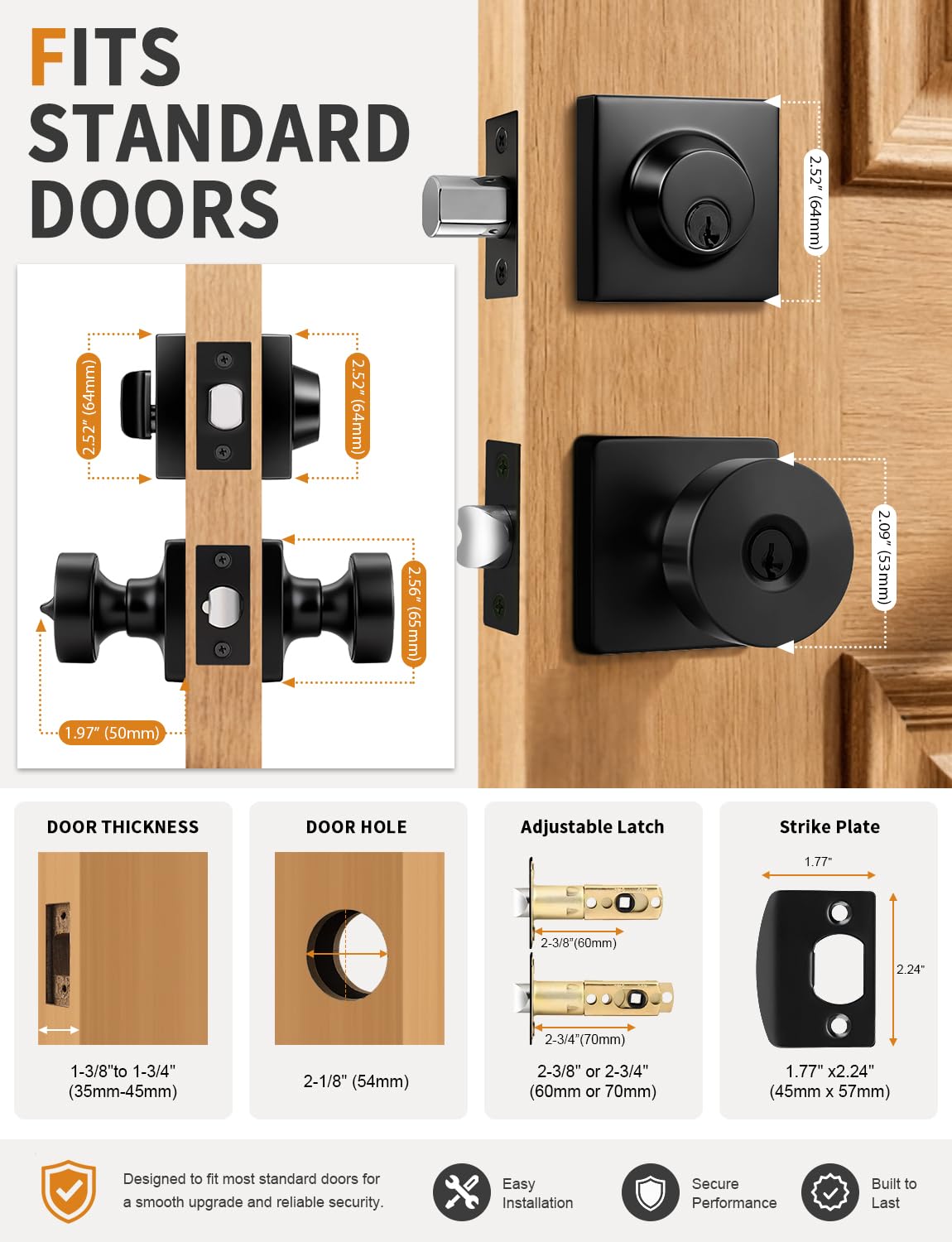 Door Knobs with Deadbolt for Exterior/Interior, 2 Pack Keyed Alike Heavy Duty Front Door Locksets, Inside/Outside