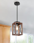 Farmhouse Pendant Light, Metal Hanging Light Fixture with Wooden Grain Finish, 48 Inch Adjustable Pipes for Flat and Slop Ceiling, Kitchen Island, Bedroom, Dining Hall, E26 Base