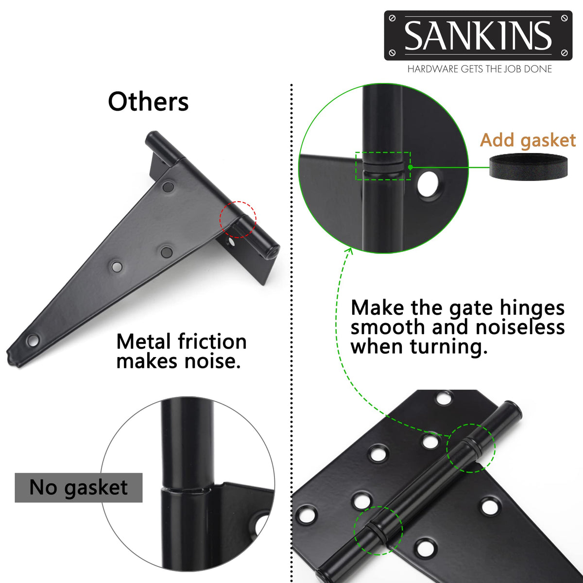 8 Inch T-Strap Shed Door Hinges Heavy Duty, Black Tee Hinge for Wooden Fences, Yard Door, Barn Door Gates, Wrought