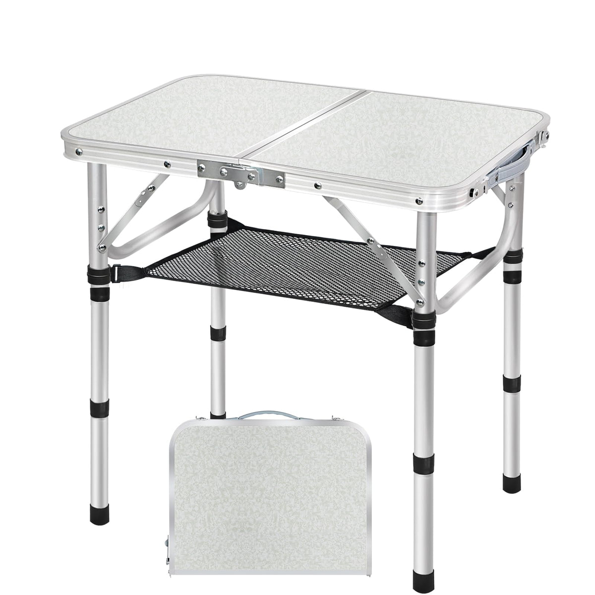 Small Folding Table with Storage Net, 24" x 16" Portable Foldable Camping Table with 3 Adjustable Height, White Metal