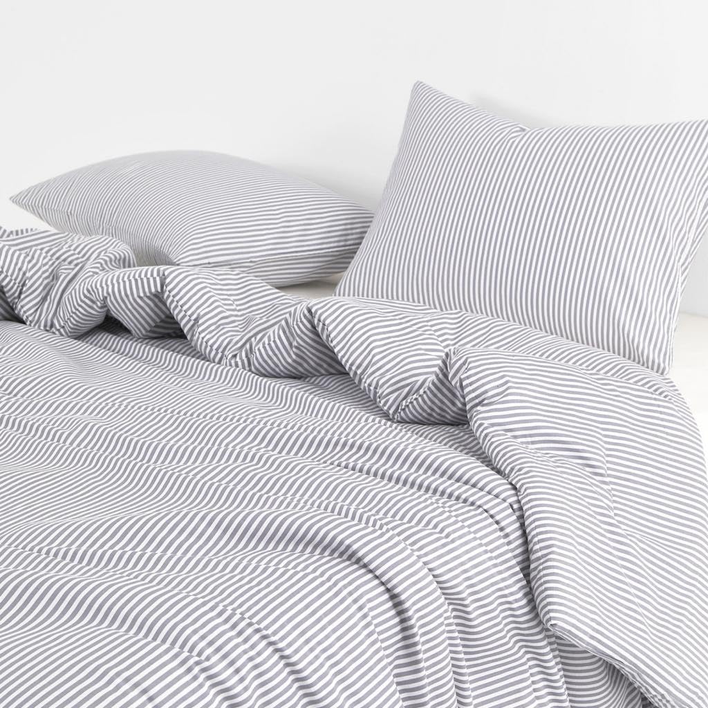 Striped Cotton Comforter Set, Gray
