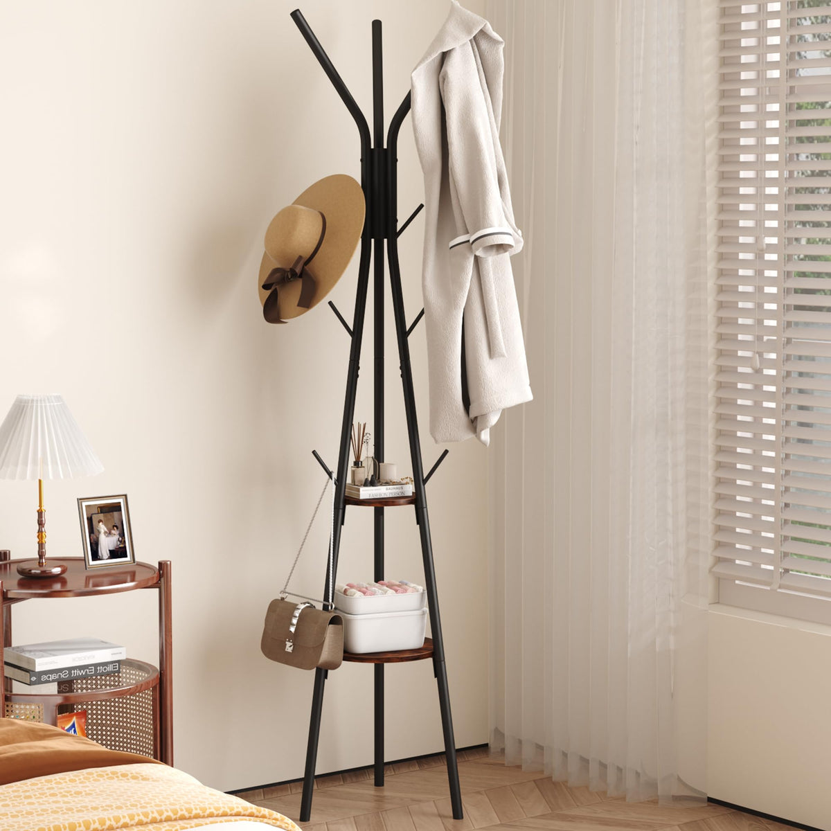 Coat Rack, Coat Hanger Stand with 2 Shelves, Freestanding Hall Tree, Metal Hat Hanger with 12 Hooks for Clothes Hats