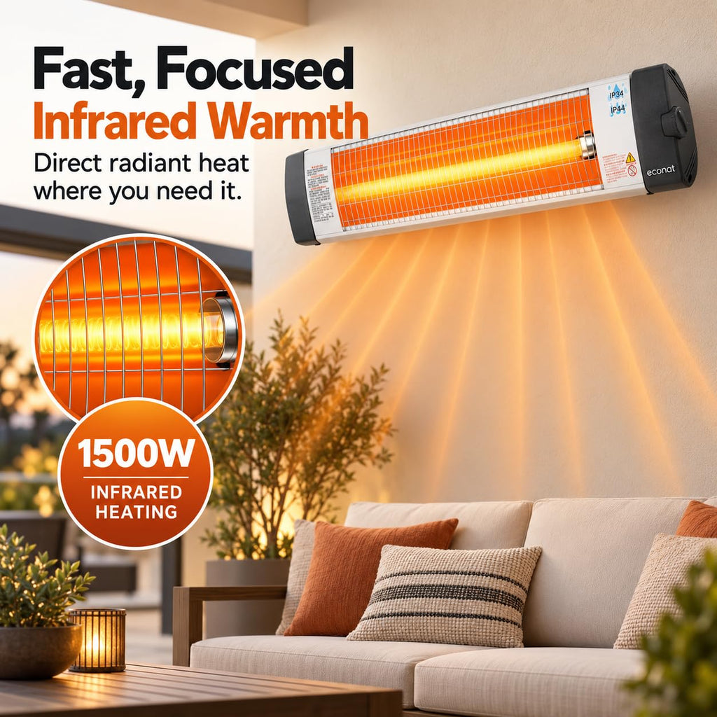 Infrared Heater, Wall or Ceiling Mount, Indoor/Outdoor Electric Patio Heater, Adjustable Thermostat, Silver