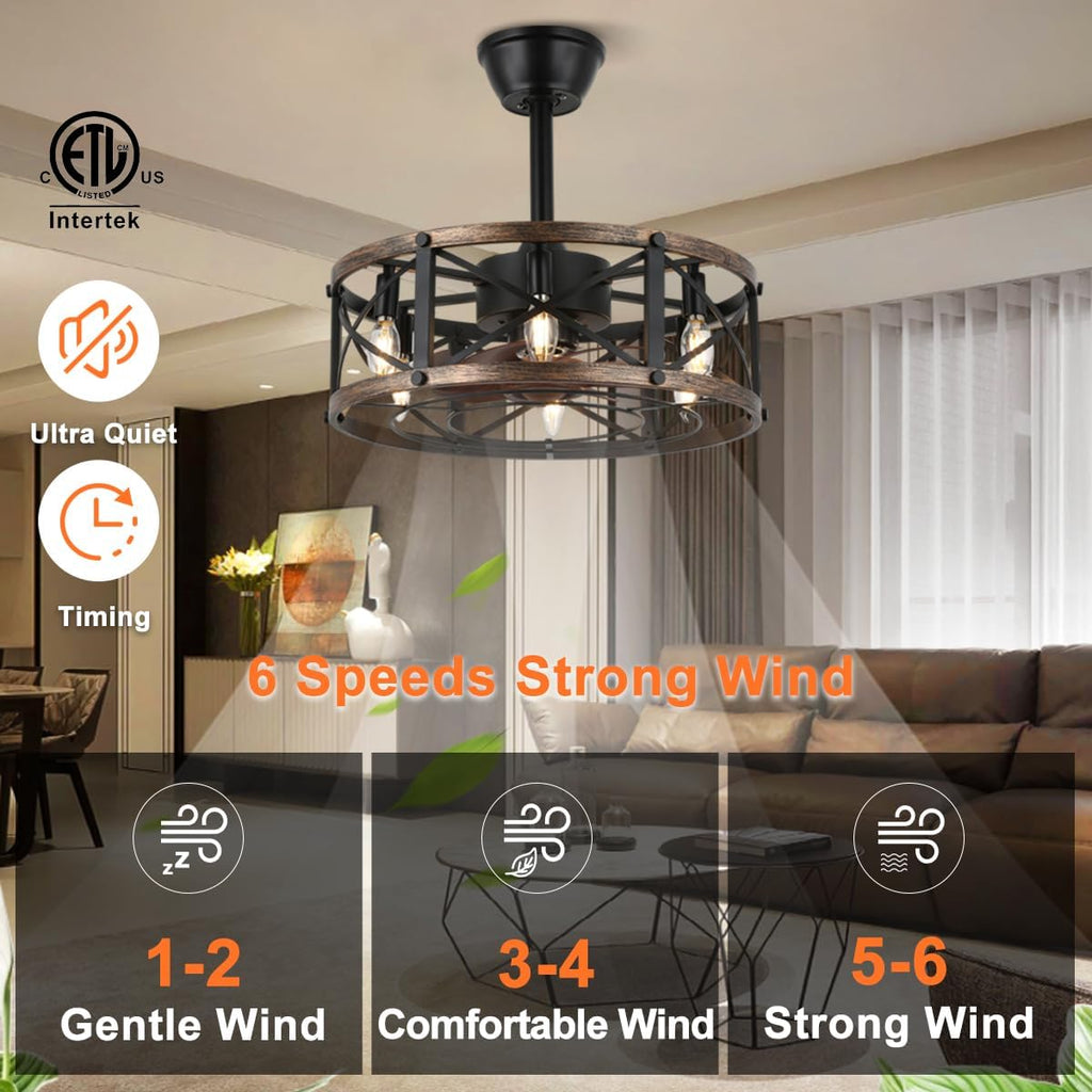 19" Black Caged Chandelier Ceiling Fan with Light & Remote