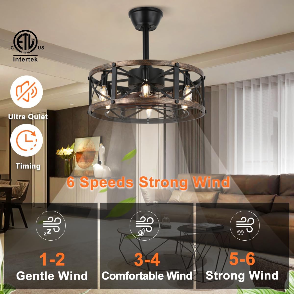 19" Black Caged Chandelier Ceiling Fan with Light & Remote
