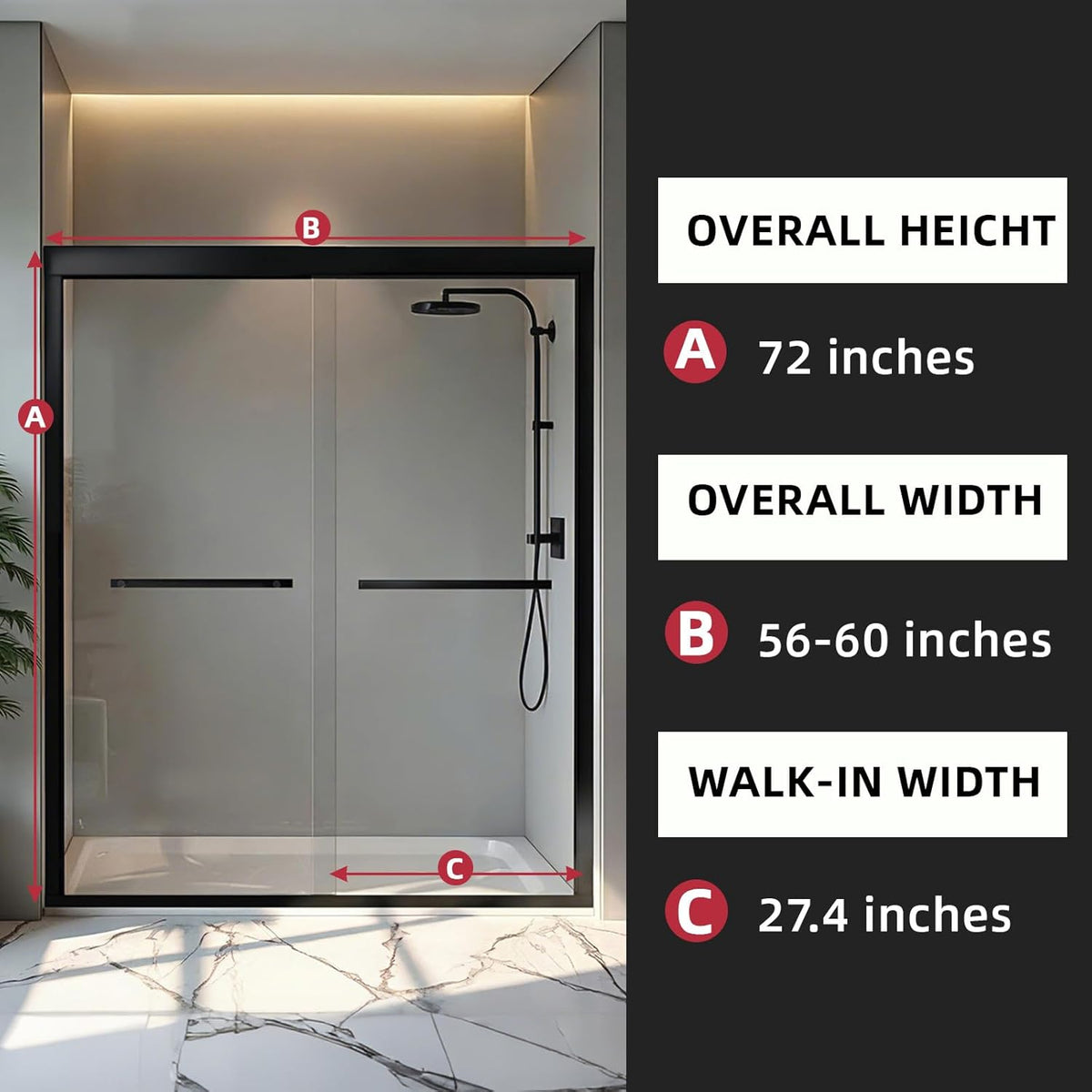 Shower Door 56-60" W x 72" H, Semi-Frameless Sliding Glass Shower Door