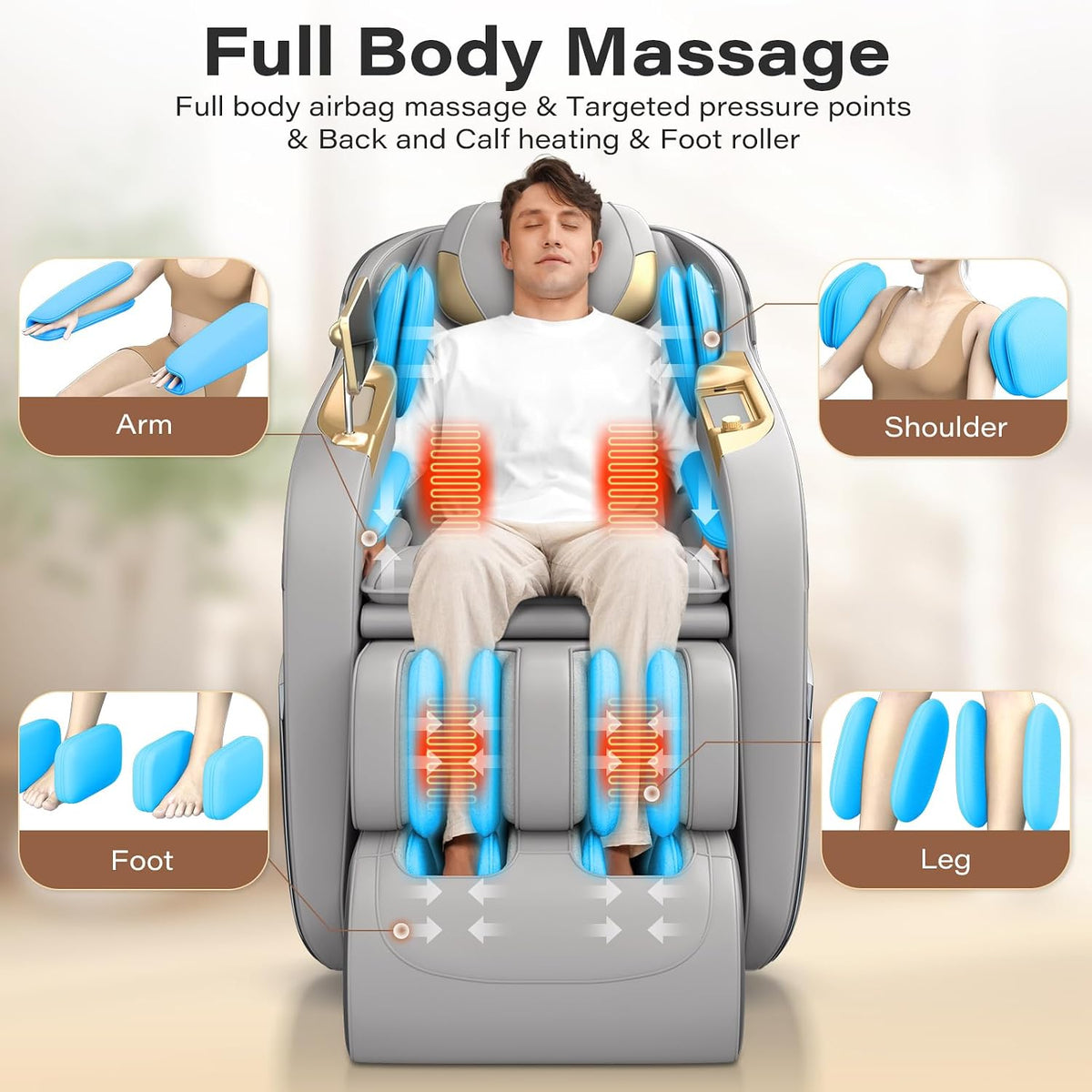 Massage Chair Full Body 160° Zero Gravity SL-Track, 12 Modes, Grey | Full-Body Airbags, Body Scan, 6 Massage