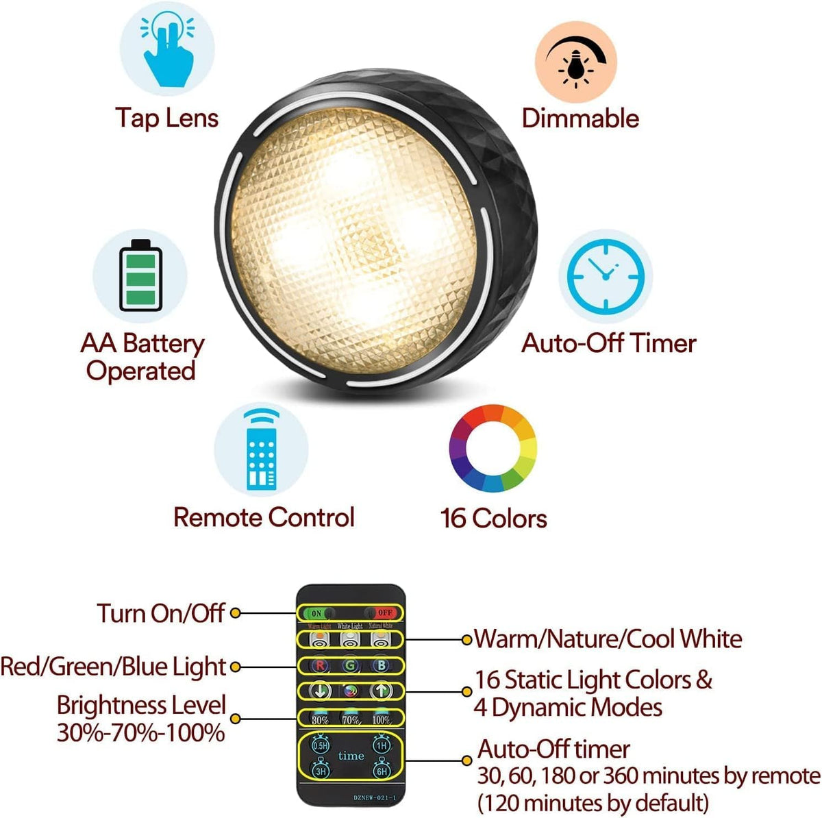 LED Puck Lights with Remote Battery Operated Under Cabinet Lighting Wireless Stick on Lights Color Changing Timer Tap