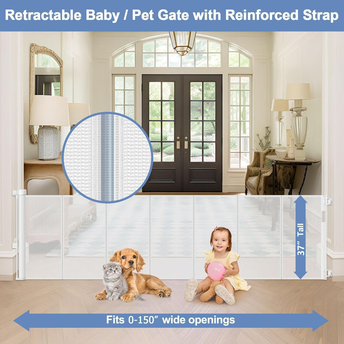 Reinforced 150 Inch Retractable Baby Gates for Doorways Extra Wide Baby Gates for Large Openings Child Gate for Wide