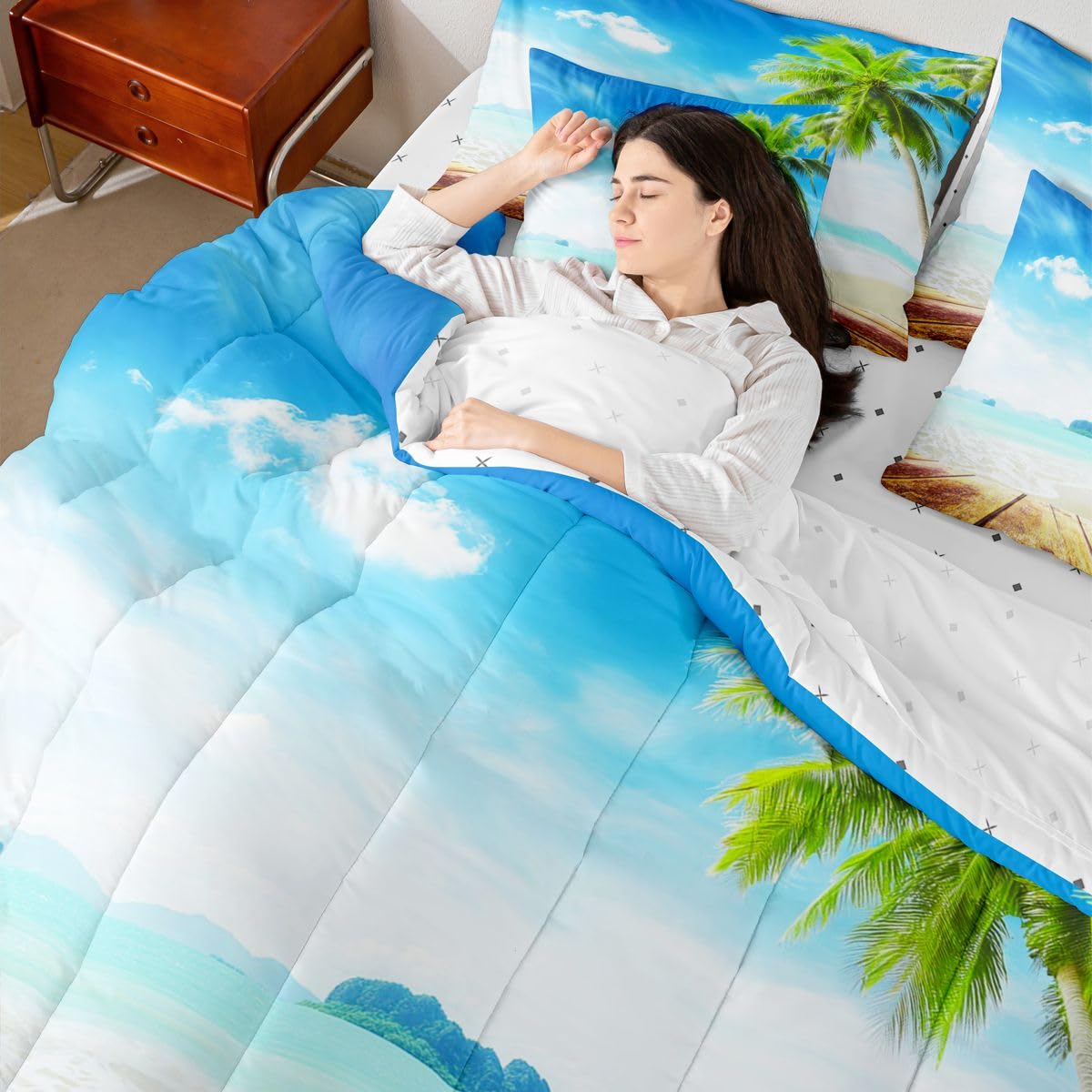 Beach Comforter Set 7 Pieces, Ocean Bed in A Bag, Tropical Palm Tree Hawaiin Bedding Set with Comforters