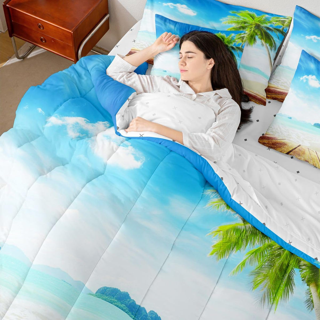 Beach Comforter Set 7 Pieces, Ocean Bed in A Bag, Tropical Palm Tree Hawaiin Bedding Set with Comforters