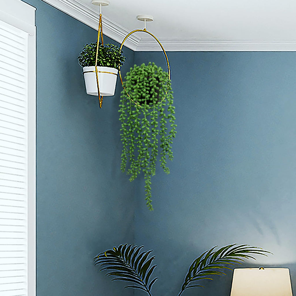 2 Pack Lifelike Artificial String of Pearls Plant - Faux Hanging Succulent with Black Pot, Realistic Trailing Fake